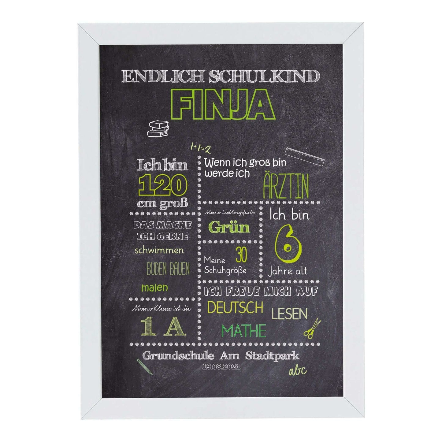 Personalisiertes Bild „Einschulung” Meilensteinposter GRÜN, Bildgröße: 13x18cm, DIN A4, DIN A3, Bilderrahmen: Bilderrahmen weiß ohne Passepartout, Copyright: 321geschenke.de