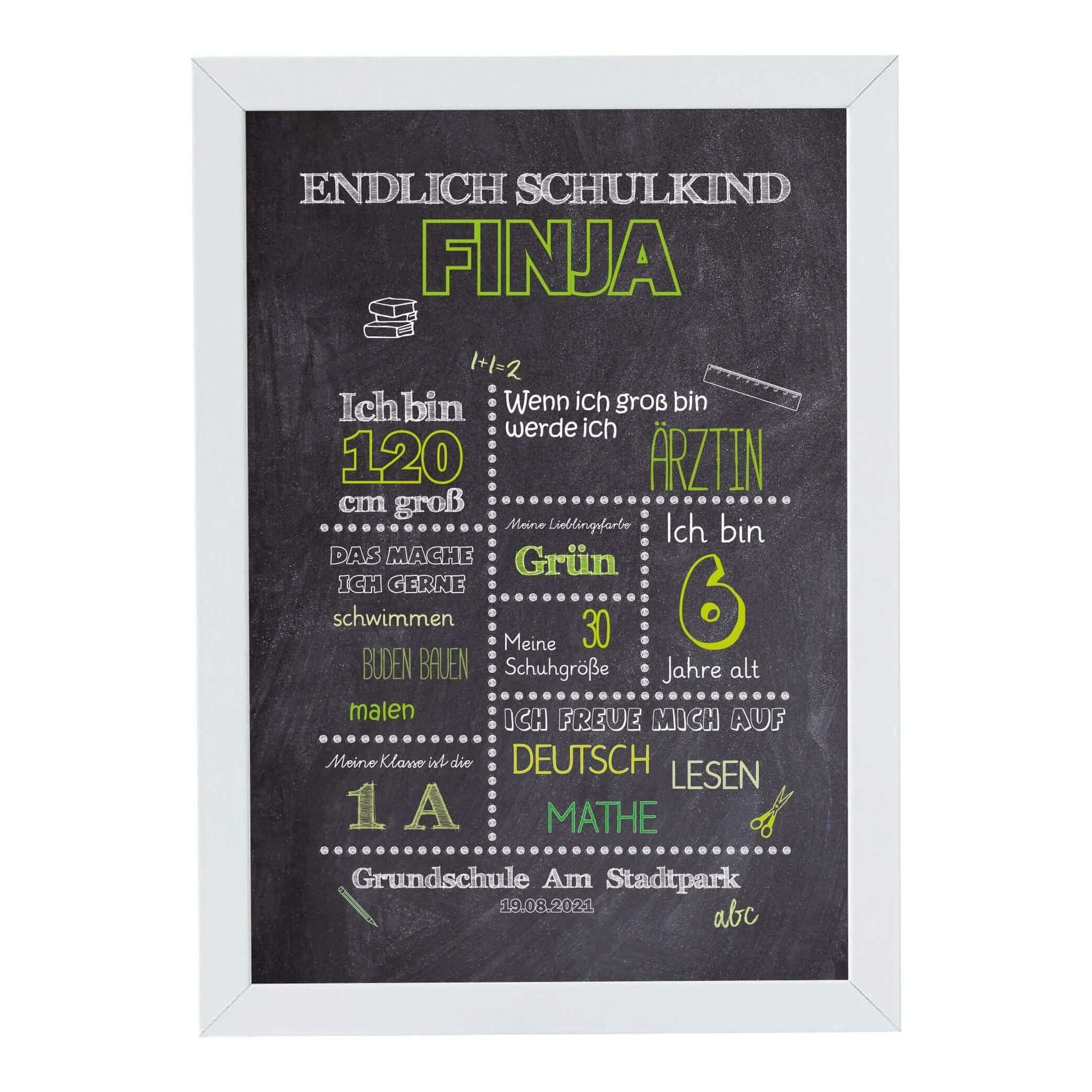Personalisiertes Bild „Einschulung” Meilensteinposter GRÜN, Bildgröße: 13x18cm, DIN A4, DIN A3, Bilderrahmen: Bilderrahmen weiß ohne Passepartout, Copyright: 321geschenke.de