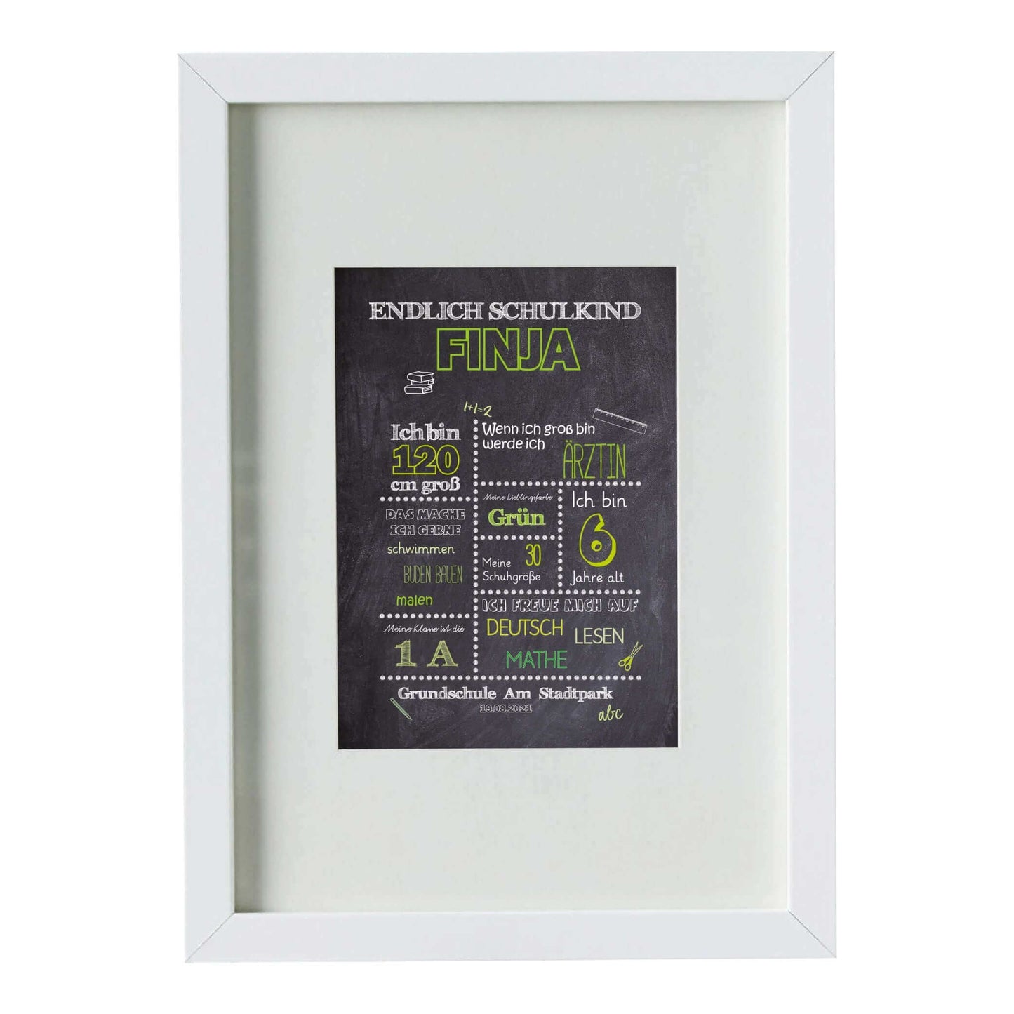 Personalisiertes Bild „Einschulung” Meilensteinposter GRÜN, Bildgröße: 13x18cm, DIN A4, DIN A3, Bilderrahmen: Bilderrahmen weiß mit Passepartout, Copyright: 321geschenke.de