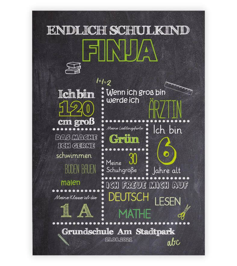 Personalisiertes Bild „Einschulung” Meilensteinposter GRÜN, Bildgröße: 13x18cm, DIN A4, DIN A3, Bilderrahmen: Ohne Bilderrahmen, Copyright: 321geschenke.de