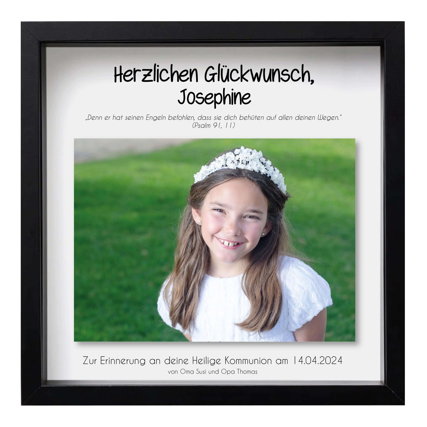 Geldgeschenk "Engel" zur Kommunion / Konfirmation / Firmung / Taufe, mit Foto, Farbe: weiß-rosa, Bildgröße: 25x25cm, Bilderrahmen: mit Bilderrahmen schwarz, Copyright: 321geschenke.de