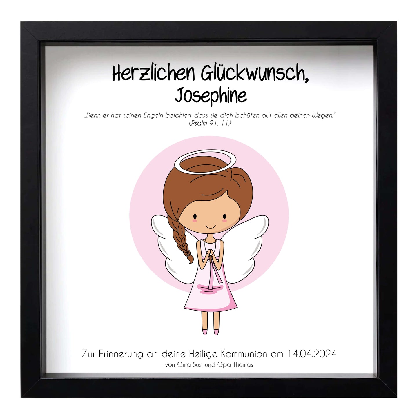 Geldgeschenk "Engel" zur Kommunion / Konfirmation / Firmung / Taufe, mit Foto, Farbe: weiß-rosa, Bildgröße: 25x25cm, Bilderrahmen: mit Bilderrahmen schwarz, Copyright: 321geschenke.de