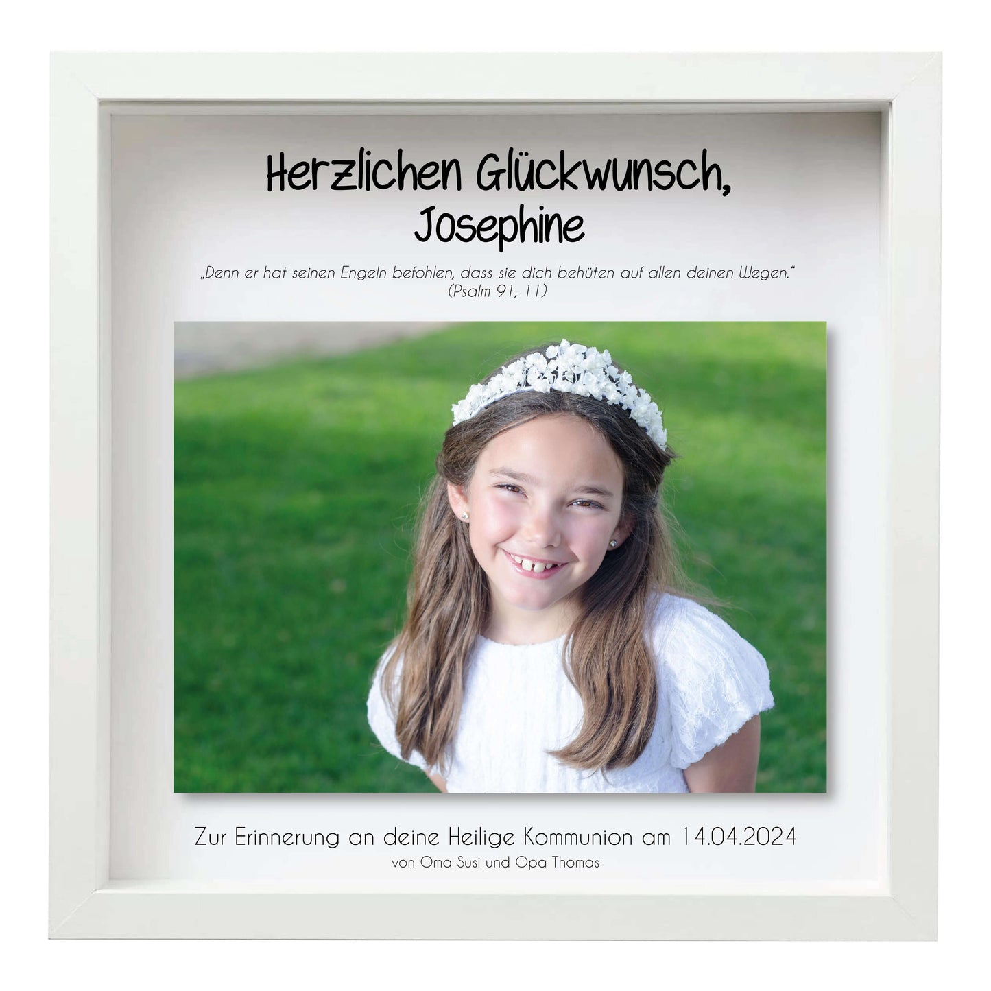 Geldgeschenk "Engel" zur Kommunion / Konfirmation / Firmung / Taufe, mit Foto, Farbe: weiß-rosa, Bildgröße: 25x25cm, Bilderrahmen: mit Bilderrahmen weiß, Copyright: 321geschenke.de
