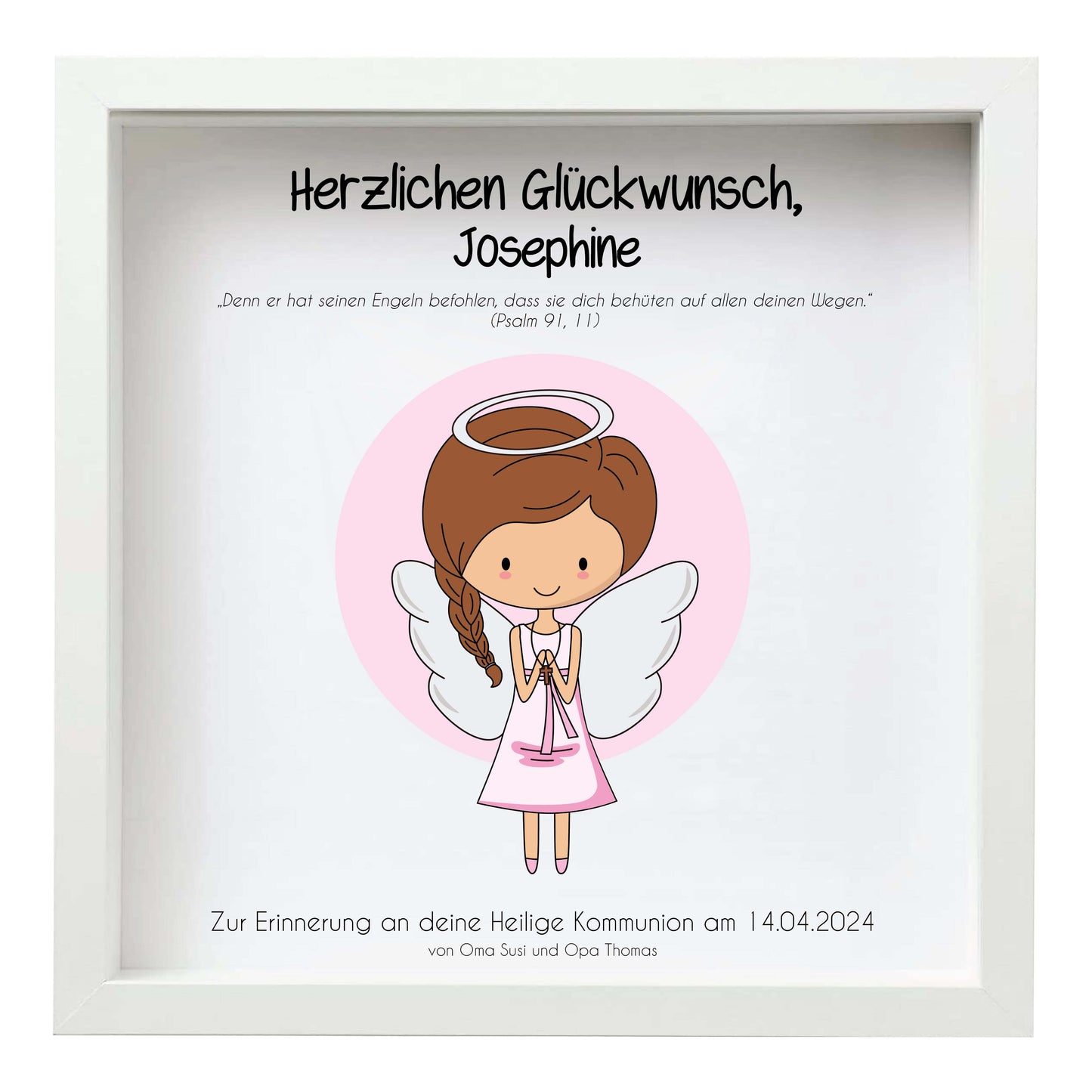 Geldgeschenk "Engel" zur Kommunion / Konfirmation / Firmung / Taufe, Farbe: weiß-rosa, Bildgröße: 25x25cm, Bilderrahmen: mit Bilderrahmen weiß, Copyright: 321geschenke.de