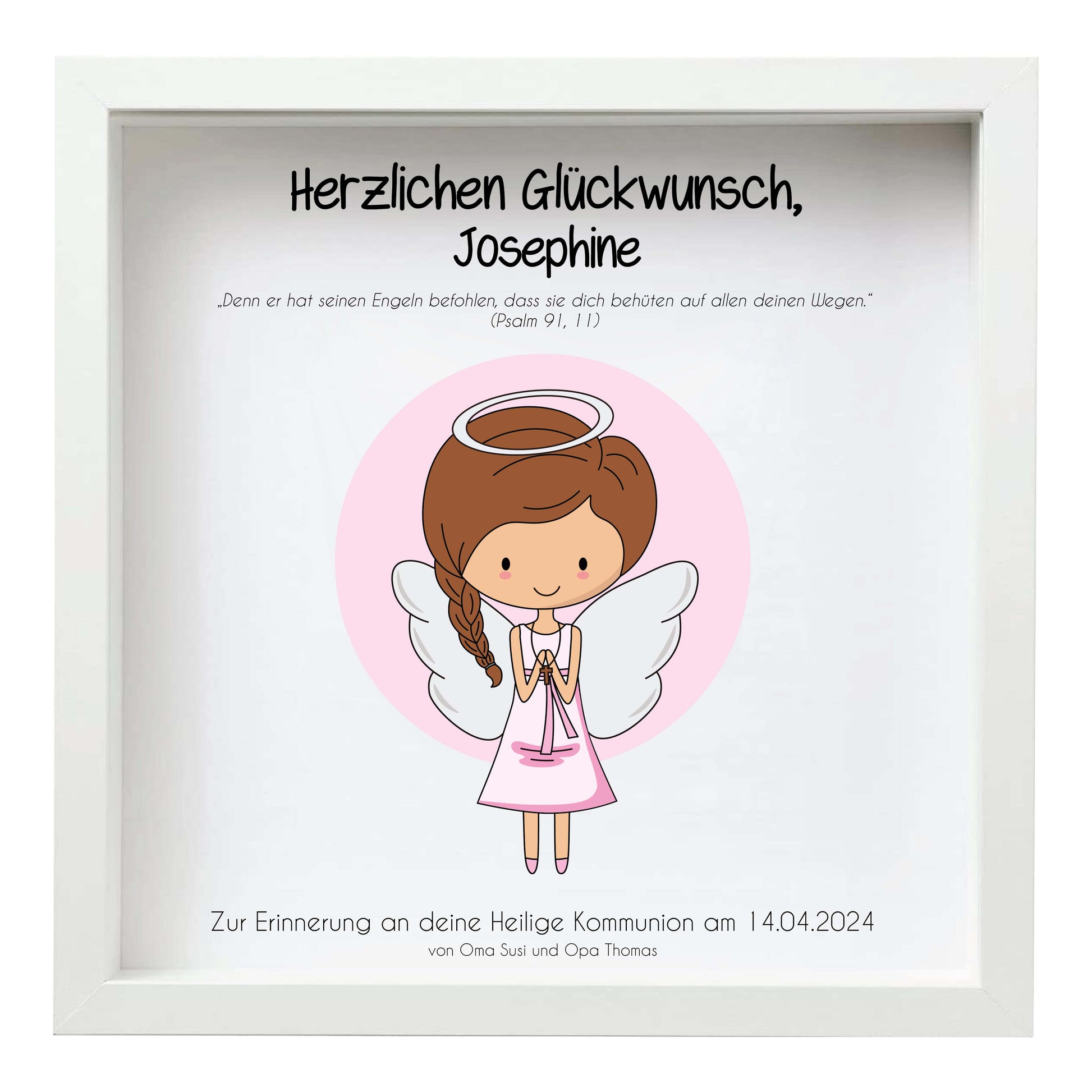 Geldgeschenk "Engel" zur Kommunion / Konfirmation / Firmung / Taufe, Farbe: weiß-rosa, Bildgröße: 25x25cm, Bilderrahmen: mit Bilderrahmen weiß, Copyright: 321geschenke.de
