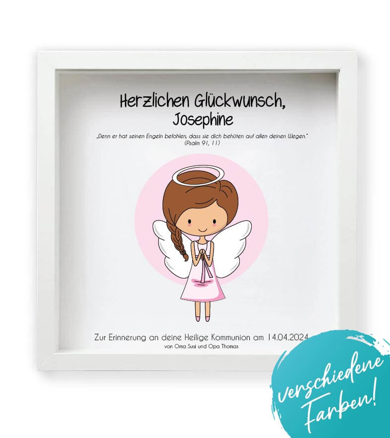 Geldgeschenk "Engel" zur Kommunion / Konfirmation / Firmung / Taufe, Farbe: blau oder rosa, Bildgröße: 25x25cm, Bilderrahmen: ohne Bilderrahmen, mit Bilderrahmen weiß, mit Bilderrahmen schwarz, Copyright: 321geschenke.de