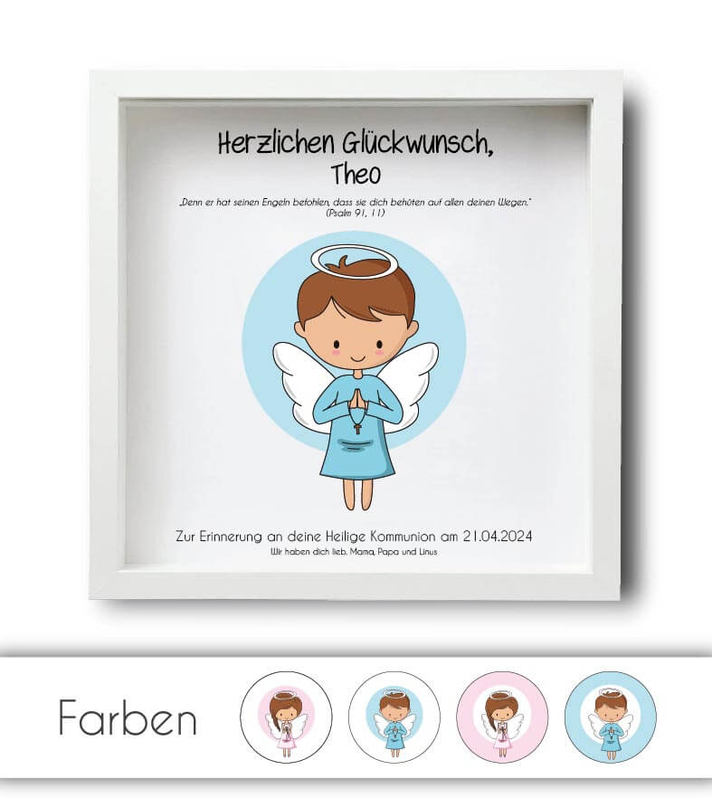 Geldgeschenk "Engel" zur Kommunion / Konfirmation / Firmung / Taufe, Farbe: blau oder rosa, Bildgröße: 25x25cm, Bilderrahmen: ohne Bilderrahmen, mit Bilderrahmen weiß, mit Bilderrahmen schwarz, Copyright: 321geschenke.de