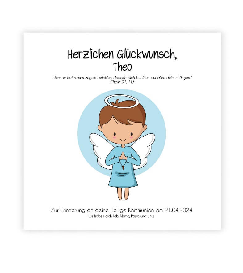 Geldgeschenk "Engel" zur Kommunion / Konfirmation / Firmung / Taufe, Farbe: weiß-blau, Bildgröße: 25x25cm, Bilderrahmen: ohne Bilderrahmen, Copyright: 321geschenke.de