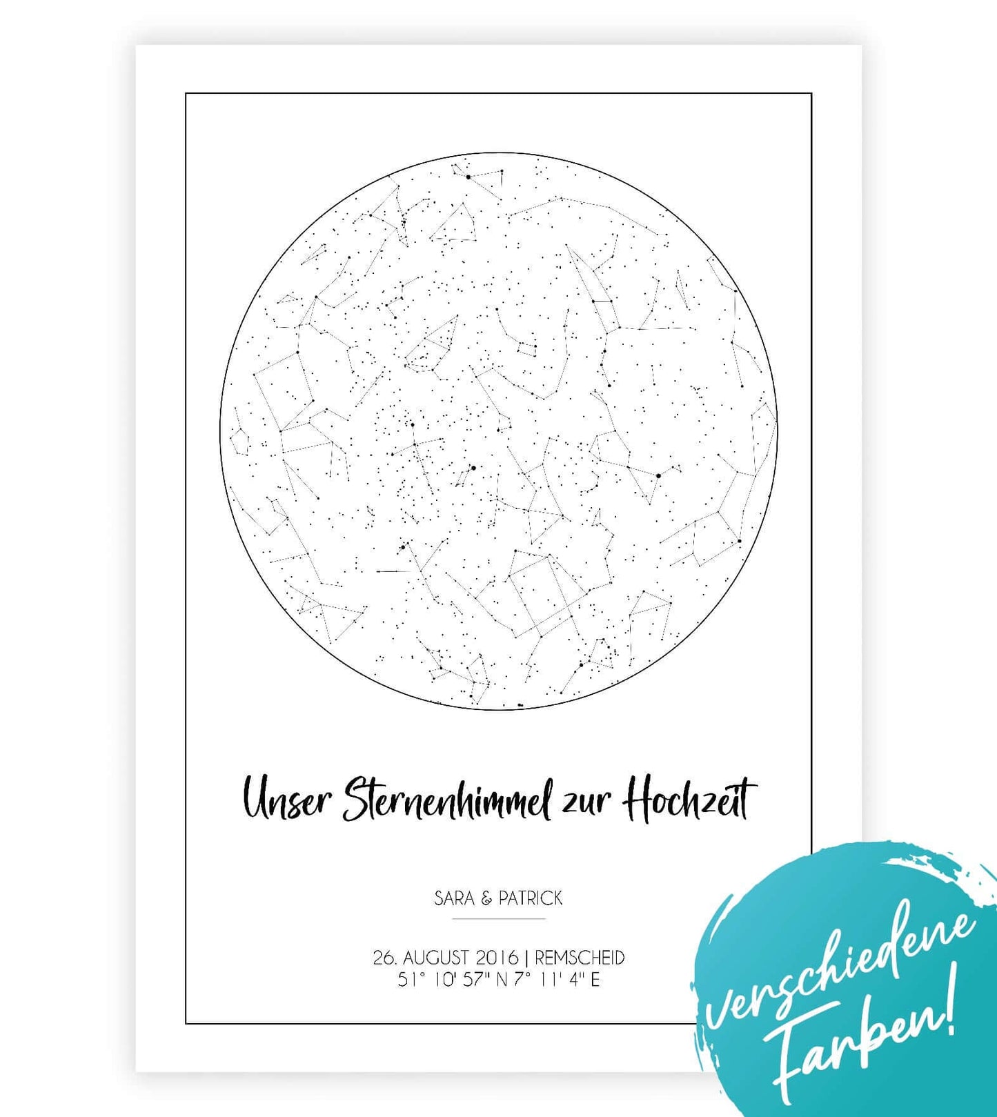 Personalisiertes Bild "Sternenhimmel" HOCHZEIT, Bildfarbe: Weiß, Grau, Rot, Blau, Beige, Gelb, Anthrazit/Schwarz, Bildgröße: 13x18cm, DIN A4, DIN A3, Bilderrahmen: Ohne Bilderrahmen, Bilderrahmen weiß, Bilderrahmen schwarz, Bilderrahmen weiß mit Passepart
