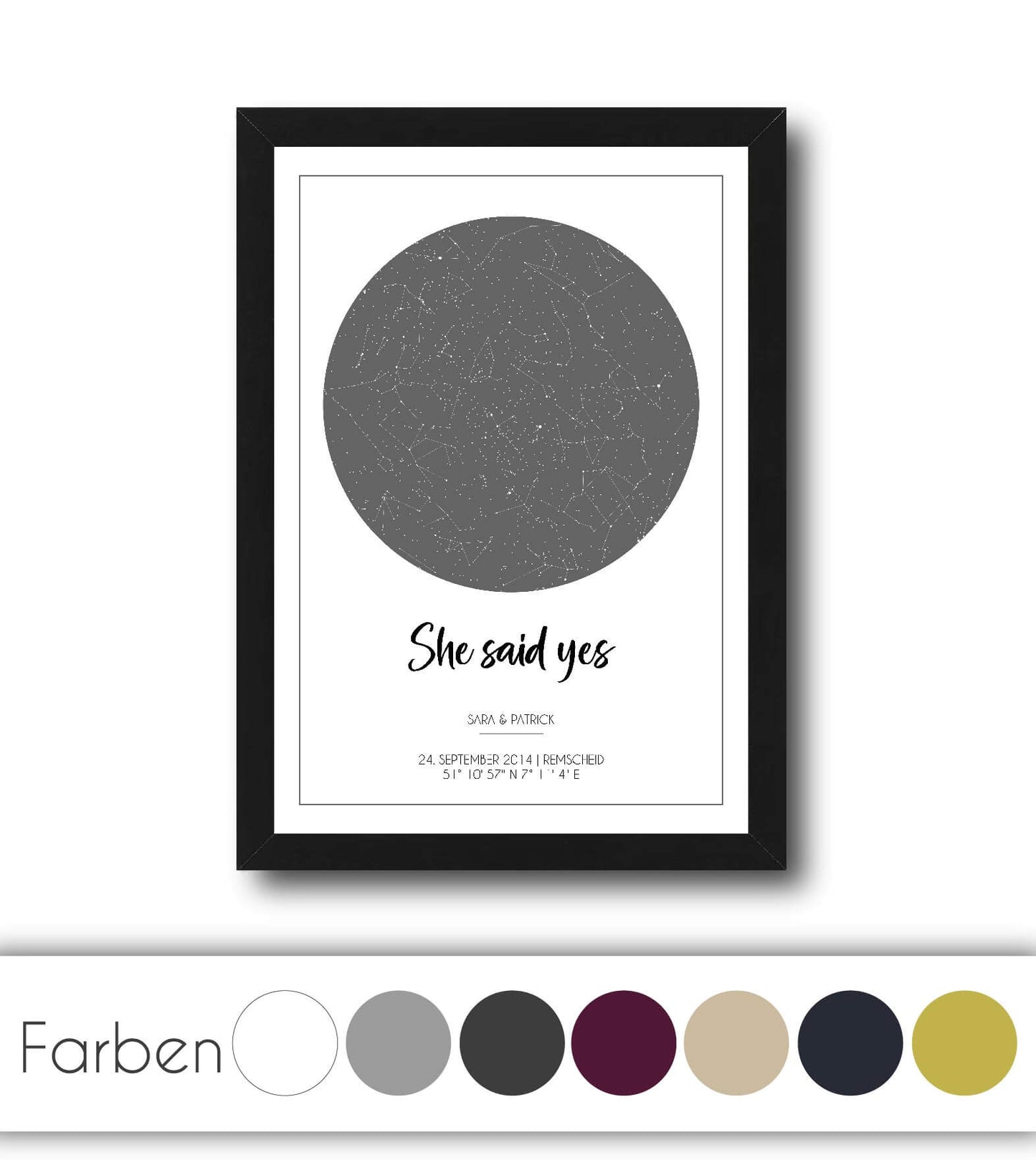 Personalisiertes Bild "Sternenhimmel" HOCHZEIT, Bildfarbe: Weiß, Grau, Rot, Blau, Beige, Gelb, Anthrazit/Schwarz, Bildgröße: 13x18cm, DIN A4, DIN A3, Bilderrahmen: Ohne Bilderrahmen, Bilderrahmen weiß, Bilderrahmen schwarz, Bilderrahmen weiß mit Passepart