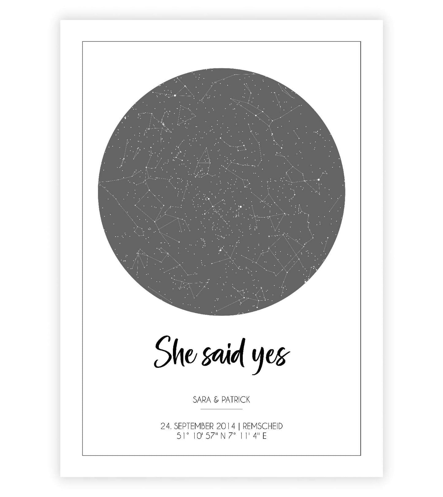 Anwendungsbild_Personalisiertes Bild "Sternenhimmel" HOCHZEIT, Bildfarbe: Anthrazit/Schwarz, Bildgröße: 13x18cm, DIN A4, DIN A3, Bilderrahmen: Ohne Bilderrahmen, Copyright: 321geschenke.de