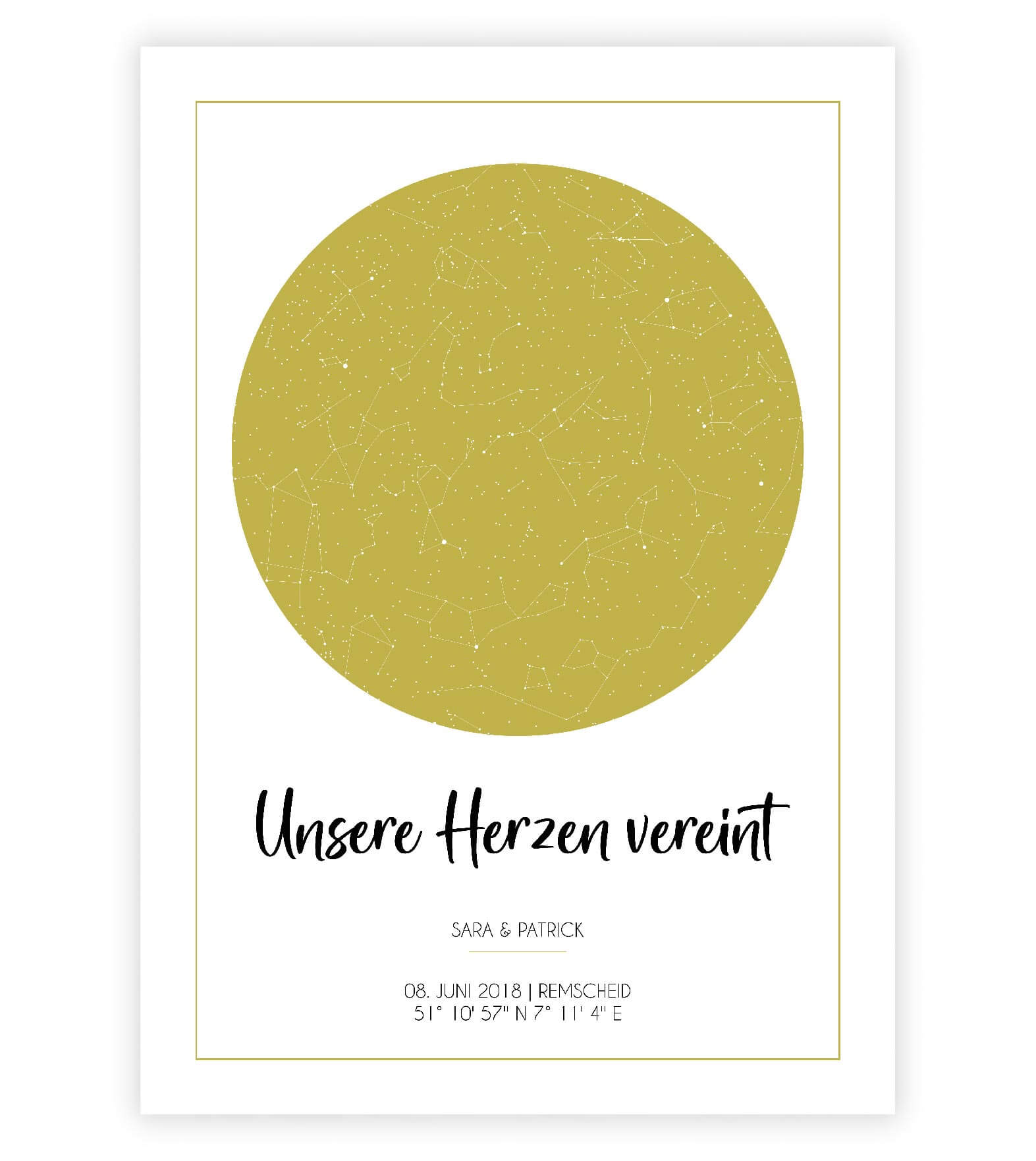 Anwendungsbild_Personalisiertes Bild "Sternenhimmel" HOCHZEIT, Bildfarbe: Gelb, Bildgröße: 13x18cm, DIN A4, DIN A3, Bilderrahmen: Ohne Bilderrahmen, Copyright: 321geschenke.de