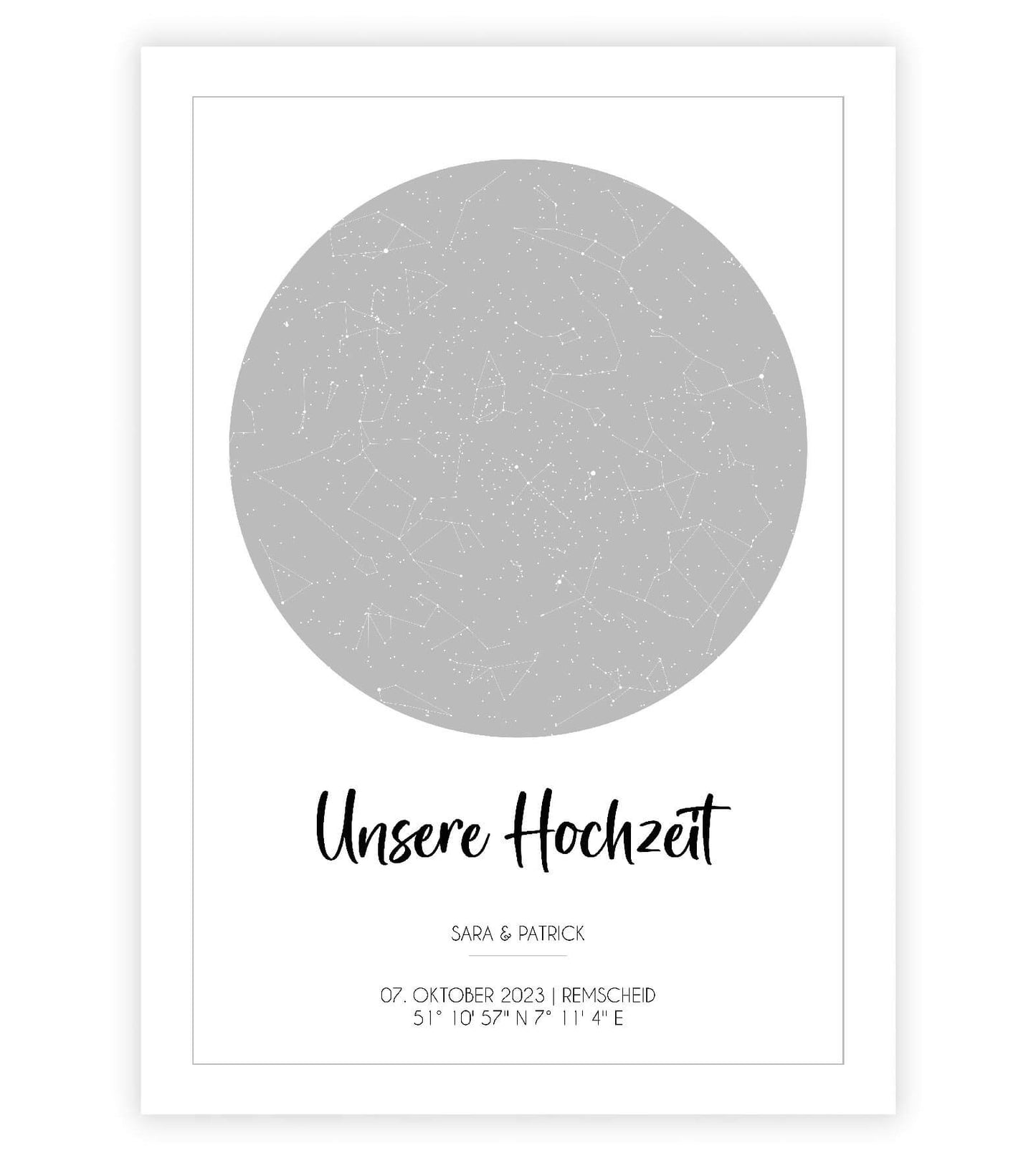 Anwendungsbild_Personalisiertes Bild "Sternenhimmel" HOCHZEIT, Bildfarbe: Grau, Bildgröße: 13x18cm, DIN A4, DIN A3, Bilderrahmen: Ohne Bilderrahmen, Copyright: 321geschenke.de