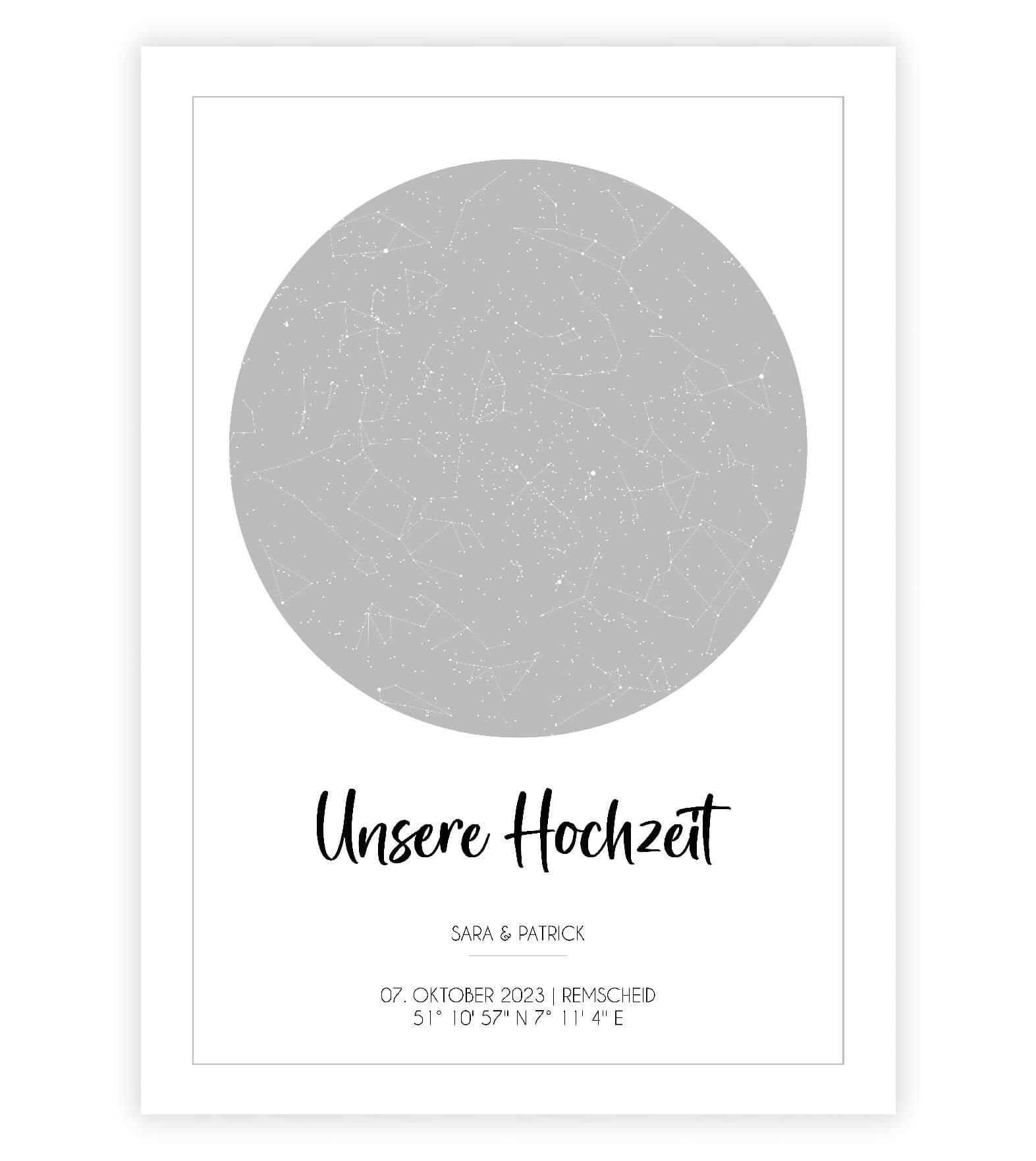 Anwendungsbild_Personalisiertes Bild "Sternenhimmel" HOCHZEIT, Bildfarbe: Grau, Bildgröße: 13x18cm, DIN A4, DIN A3, Bilderrahmen: Ohne Bilderrahmen, Copyright: 321geschenke.de