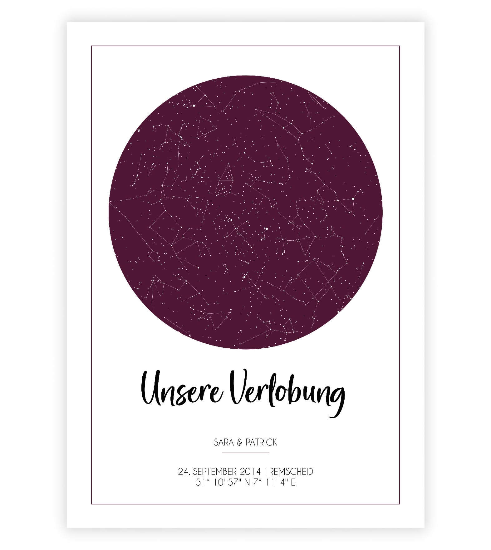 Anwendungsbild_Personalisiertes Bild "Sternenhimmel" HOCHZEIT, Bildfarbe: Rot, Bildgröße: 13x18cm, DIN A4, DIN A3, Bilderrahmen: Ohne Bilderrahmen, Copyright: 321geschenke.de