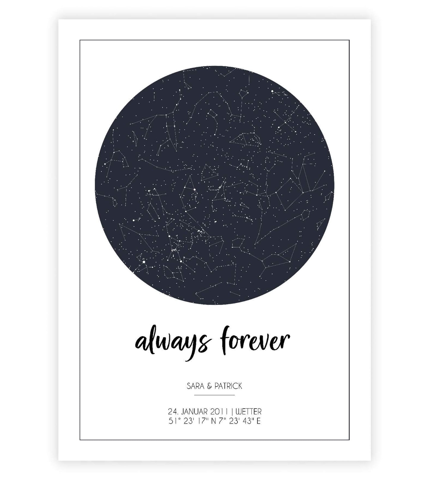 Anwendungsbild_Personalisiertes Bild "Sternenhimmel" HOCHZEIT, Bildfarbe: Blau, Bildgröße: 13x18cm, DIN A4, DIN A3, Bilderrahmen: Ohne Bilderrahmen, Copyright: 321geschenke.de