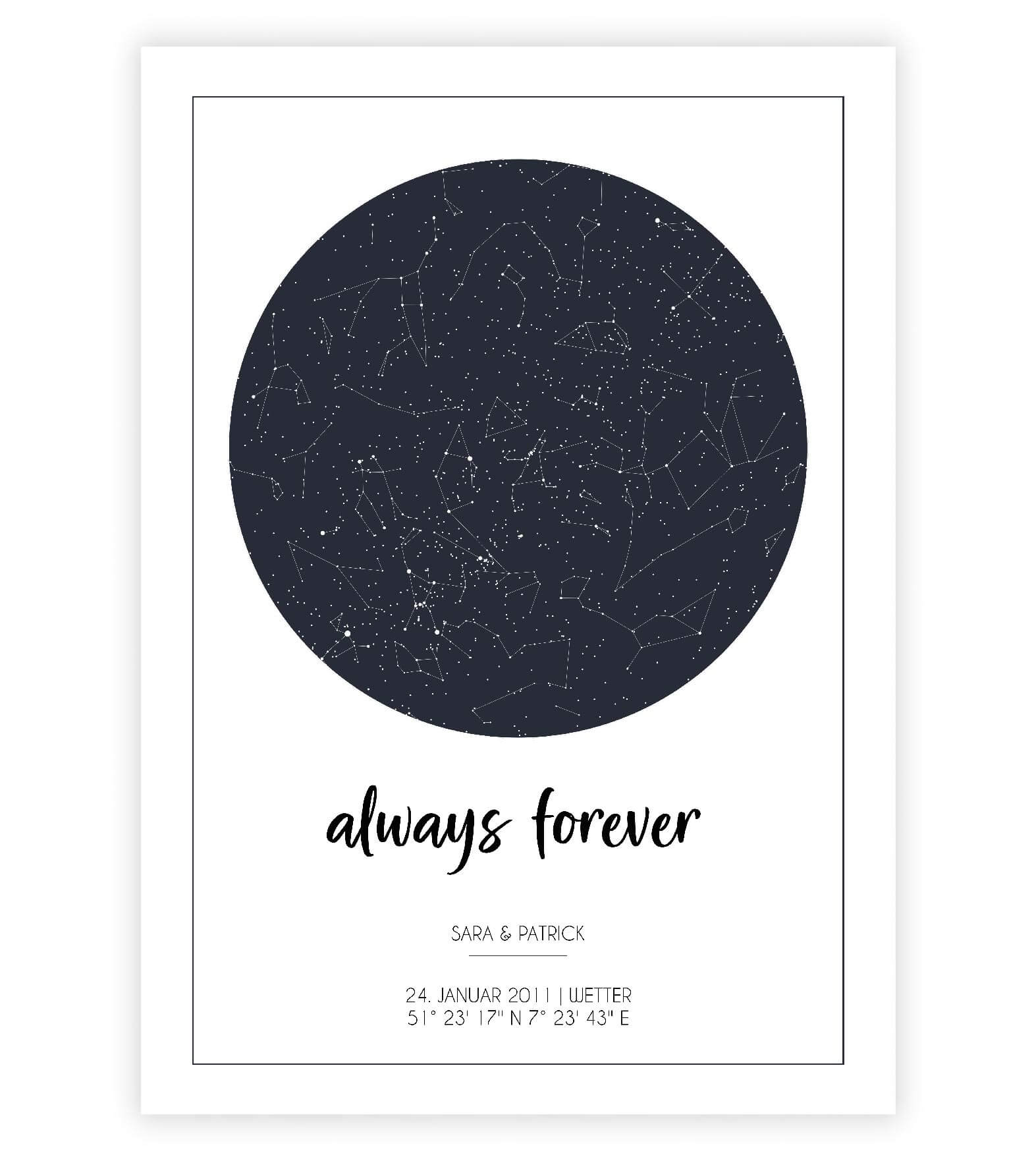 Anwendungsbild_Personalisiertes Bild "Sternenhimmel" HOCHZEIT, Bildfarbe: Blau, Bildgröße: 13x18cm, DIN A4, DIN A3, Bilderrahmen: Ohne Bilderrahmen, Copyright: 321geschenke.de