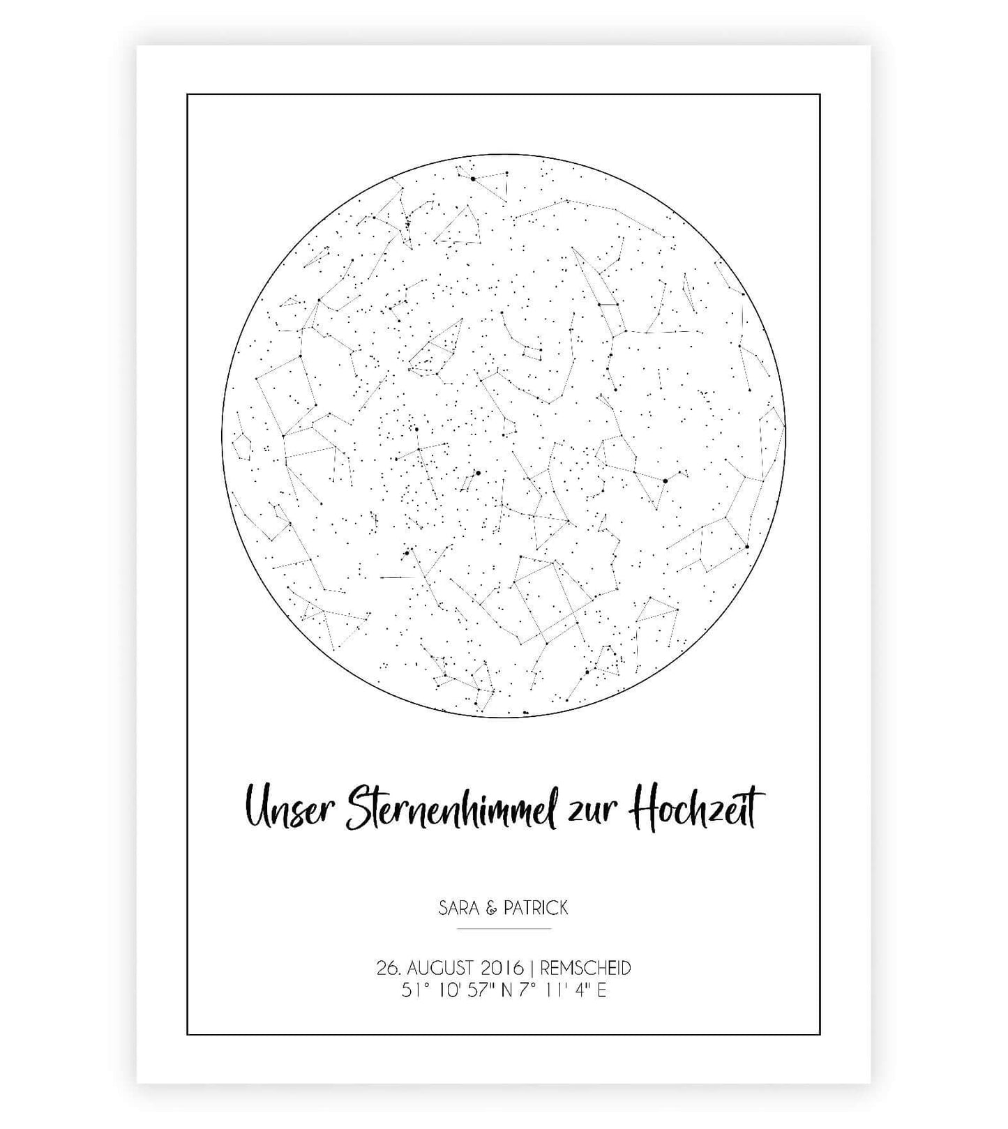 Anwendungsbild_Personalisiertes Bild "Sternenhimmel" HOCHZEIT, Bildfarbe: Weiß, Bildgröße: 13x18cm, DIN A4, DIN A3, Bilderrahmen: Ohne Bilderrahmen, Copyright: 321geschenke.de