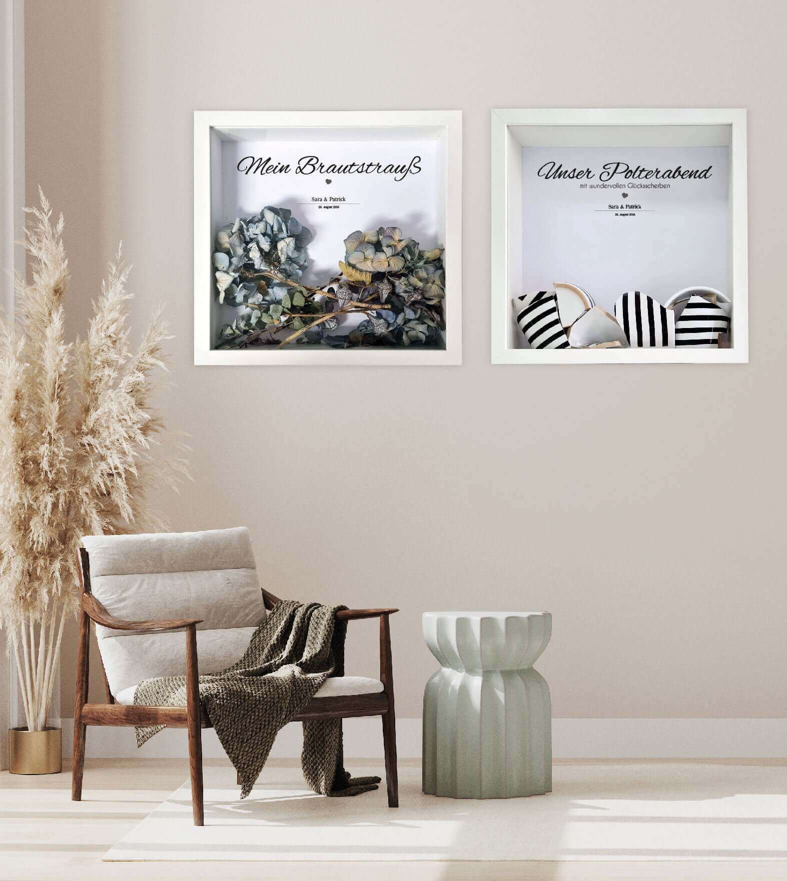 Anwendungsbild_Personalisiertes Hochzeitsgeschenke-Set, Bildgröße: 25x25cm, Bilderrahmen: Bilderrahmen weiß ohne Passepartout, Bilderrahmen schwarz ohne Passepartout, Copyright: 321geschenke.de
