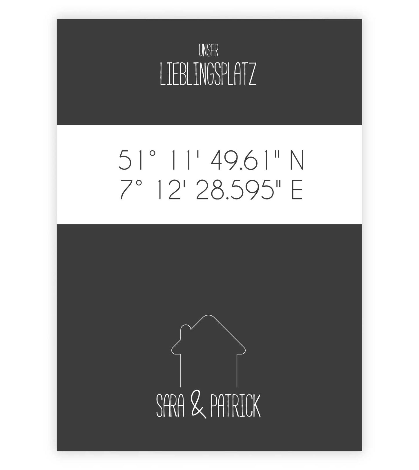 Personalisiertes Koordinaten Bild "Lieblingsplatz" - Haus, Bildfarbe: Anthrazit/Schwarz, Bildgröße: 13x18cm, DIN A4, DIN A3, Bilderrahmen: Ohne Bilderrahmen, Copyright: 321geschenke.de