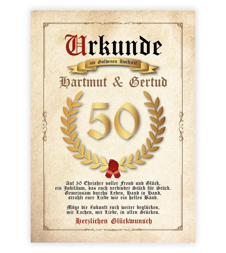 Personalisierte "Urkunde" Goldene Hochzeit, Bildgröße: 13x18cm, DIN A4, DIN A3, Bilderrahmen: ohne Bilderrahmen, Bilderrahmen weiß, Bilderrahmen schwarz, Bilderrahmen weiß mit Passepartout, Bilderrahmen schwarz mit Passepartout, Copyright: 321geschenke.de