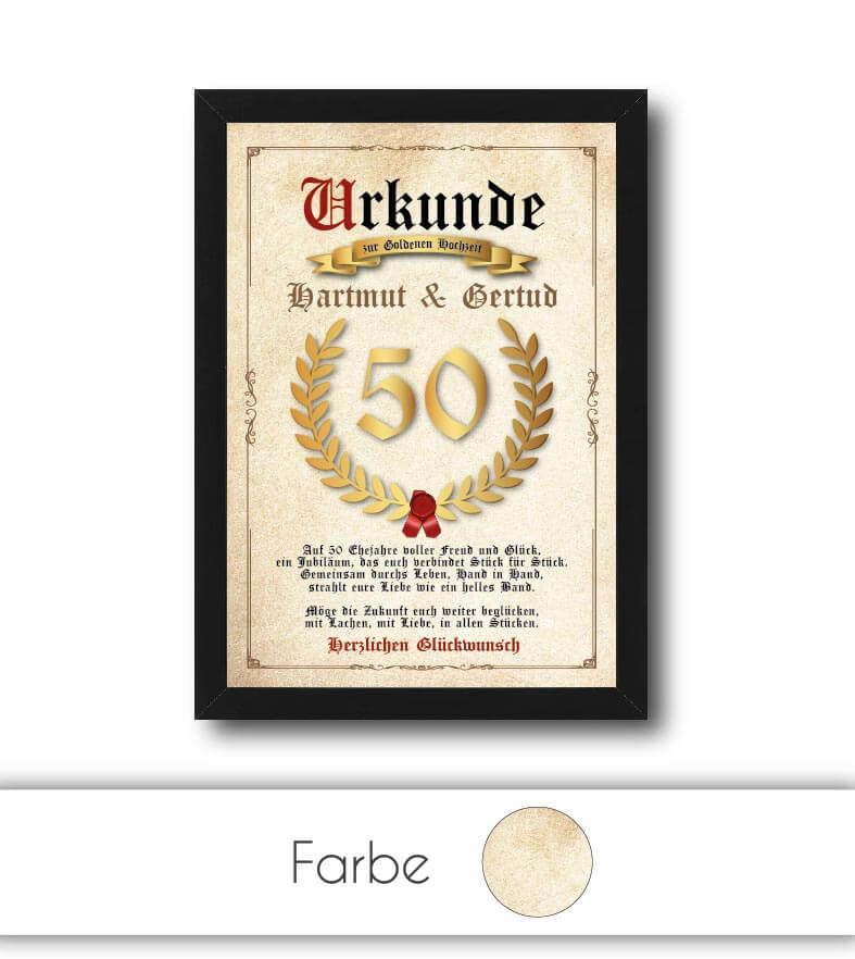 Personalisierte "Urkunde" Goldene Hochzeit, Bildgröße: 13x18cm, DIN A4, DIN A3, Bilderrahmen: ohne Bilderrahmen, Bilderrahmen weiß, Bilderrahmen schwarz, Bilderrahmen weiß mit Passepartout, Bilderrahmen schwarz mit Passepartout, Copyright: 321geschenke.de