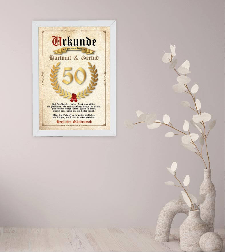 Anwendungsbild_Personalisierte "Urkunde" Goldene Hochzeit, Bildgröße: 13x18cm, DIN A4, DIN A3, Bilderrahmen: ohne Bilderrahmen, Bilderrahmen weiß, Bilderrahmen schwarz, Bilderrahmen weiß mit Passepartout, Bilderrahmen schwarz mit Passepartout, Copyright: