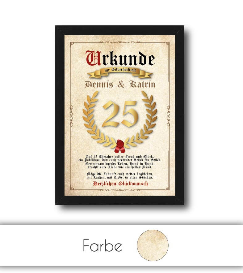 Personalisierte "Urkunde" Silberhochzeit, Bildgröße: 13x18cm, DIN A4, DIN A3, Bilderrahmen: ohne Bilderrahmen, Bilderrahmen weiß, Bilderrahmen schwarz, Bilderrahmen weiß mit Passepartout, Bilderrahmen schwarz mit Passepartout, Copyright: 321geschenke.de