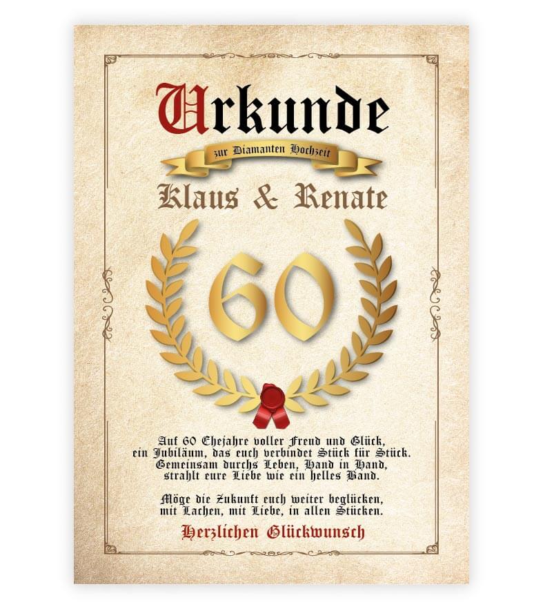 Personalisierte "Urkunde" Diamanten Hochzeit, Bildgröße: 13x18cm, DIN A4, DIN A3, Bilderrahmen: ohne Bilderrahmen, Bilderrahmen weiß, Bilderrahmen schwarz, Bilderrahmen weiß mit Passepartout, Bilderrahmen schwarz mit Passepartout, Copyright: 321geschenke.