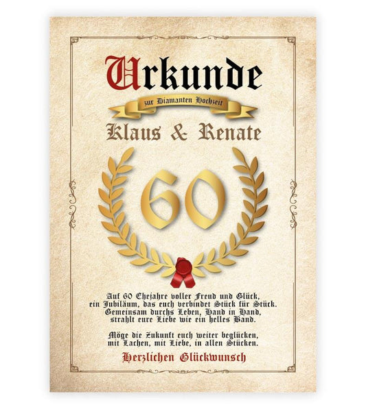 Personalisierte "Urkunde" Diamanten Hochzeit, Bildgröße: 13x18cm, DIN A4, DIN A3, Bilderrahmen: ohne Bilderrahmen, Bilderrahmen weiß, Bilderrahmen schwarz, Bilderrahmen weiß mit Passepartout, Bilderrahmen schwarz mit Passepartout, Copyright: 321geschenke.