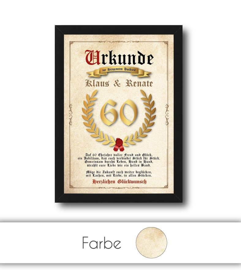 Personalisierte "Urkunde" Diamanten Hochzeit, Bildgröße: 13x18cm, DIN A4, DIN A3, Bilderrahmen: ohne Bilderrahmen, Bilderrahmen weiß, Bilderrahmen schwarz, Bilderrahmen weiß mit Passepartout, Bilderrahmen schwarz mit Passepartout, Copyright: 321geschenke.