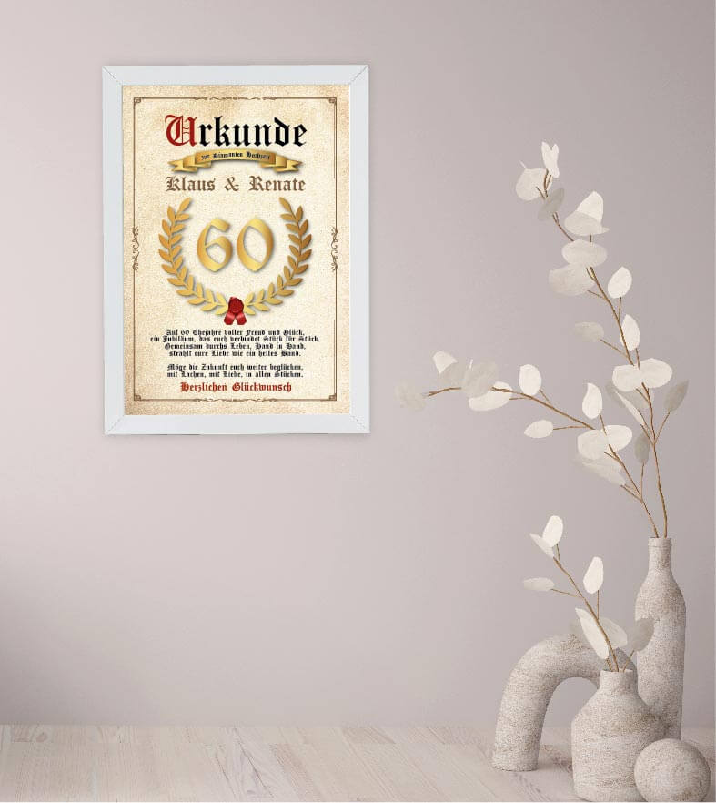 Anwendungsbild_Personalisierte "Urkunde" Diamanten Hochzeit, Bildgröße: 13x18cm, DIN A4, DIN A3, Bilderrahmen: ohne Bilderrahmen, Bilderrahmen weiß, Bilderrahmen schwarz, Bilderrahmen weiß mit Passepartout, Bilderrahmen schwarz mit Passepartout, Copyright