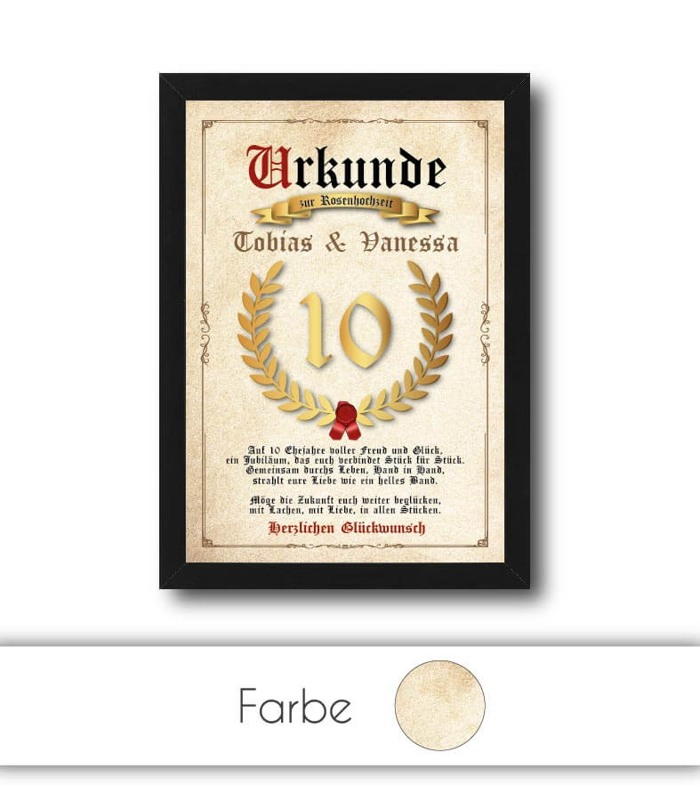 Personalisierte "Urkunde" Rosenhochzeit, Bildgröße: 13x18cm, DIN A4, DIN A3, Bilderrahmen: ohne Bilderrahmen, Bilderrahmen weiß, Bilderrahmen schwarz, Bilderrahmen weiß mit Passepartout, Bilderrahmen schwarz mit Passepartout, Copyright: 321geschenke.de