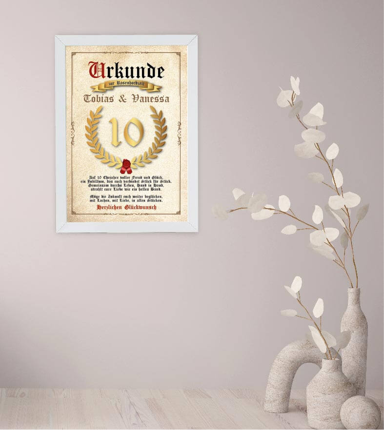 Anwendungsbild_Personalisierte "Urkunde" Rosenhochzeit, Bildgröße: 13x18cm, DIN A4, DIN A3, Bilderrahmen: ohne Bilderrahmen, Bilderrahmen weiß, Bilderrahmen schwarz, Bilderrahmen weiß mit Passepartout, Bilderrahmen schwarz mit Passepartout, Copyright: 321