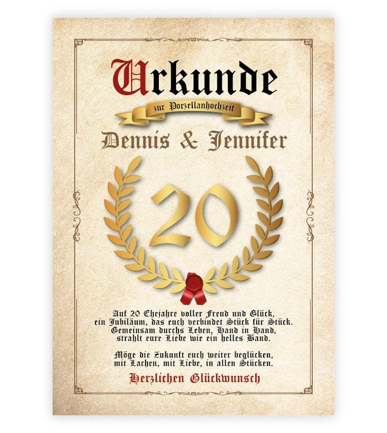 Personalisierte "Urkunde" Porzellanhochzeit, Bildgröße: 13x18cm, DIN A4, DIN A3, Bilderrahmen: ohne Bilderrahmen, Bilderrahmen weiß, Bilderrahmen schwarz, Bilderrahmen weiß mit Passepartout, Bilderrahmen schwarz mit Passepartout, Copyright: 321geschenke.d