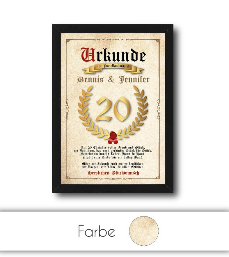 Personalisierte "Urkunde" Porzellanhochzeit, Bildgröße: 13x18cm, DIN A4, DIN A3, Bilderrahmen: ohne Bilderrahmen, Bilderrahmen weiß, Bilderrahmen schwarz, Bilderrahmen weiß mit Passepartout, Bilderrahmen schwarz mit Passepartout, Copyright: 321geschenke.d