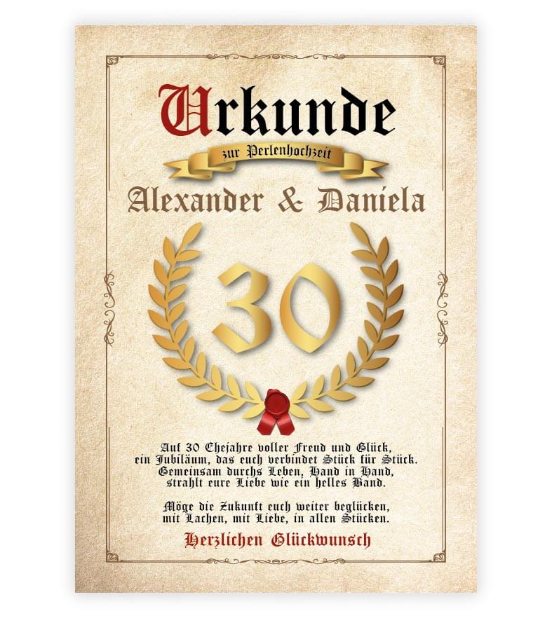 Personalisierte "Urkunde" Perlenhochzeit, Bildgröße: 13x18cm, DIN A4, DIN A3, Bilderrahmen: ohne Bilderrahmen, Bilderrahmen weiß, Bilderrahmen schwarz, Bilderrahmen weiß mit Passepartout, Bilderrahmen schwarz mit Passepartout, Copyright: 321geschenke.de