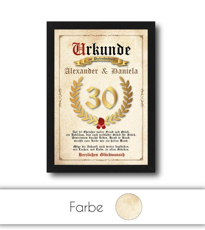 Personalisierte "Urkunde" Perlenhochzeit, Bildgröße: 13x18cm, DIN A4, DIN A3, Bilderrahmen: ohne Bilderrahmen, Bilderrahmen weiß, Bilderrahmen schwarz, Bilderrahmen weiß mit Passepartout, Bilderrahmen schwarz mit Passepartout, Copyright: 321geschenke.de