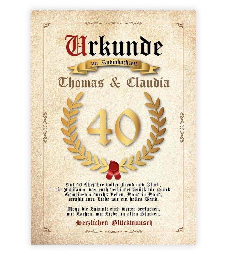 Personalisierte "Urkunde" Rubinhochzeit, Bildgröße: 13x18cm, DIN A4, DIN A3, Bilderrahmen: ohne Bilderrahmen, Bilderrahmen weiß, Bilderrahmen schwarz, Bilderrahmen weiß mit Passepartout, Bilderrahmen schwarz mit Passepartout, Copyright: 321geschenke.de
