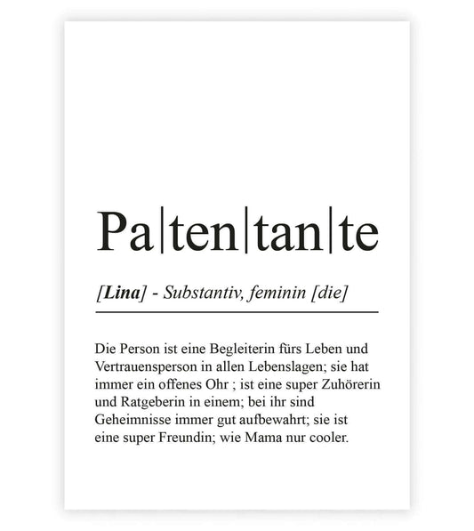 Personalisiertes Bild "Definition" - PATENTANTE, Bildgröße: 13x18cm, DIN A4, DIN A3, Bilderrahmen: Ohne Bilderrahmen, Bilderrahmen weiß, Bilderrahmen schwarz, Bilderrahmen weiß mit Passepartout, Bilderrahmen schwarz mit Passepartout, Copyright: 321geschen