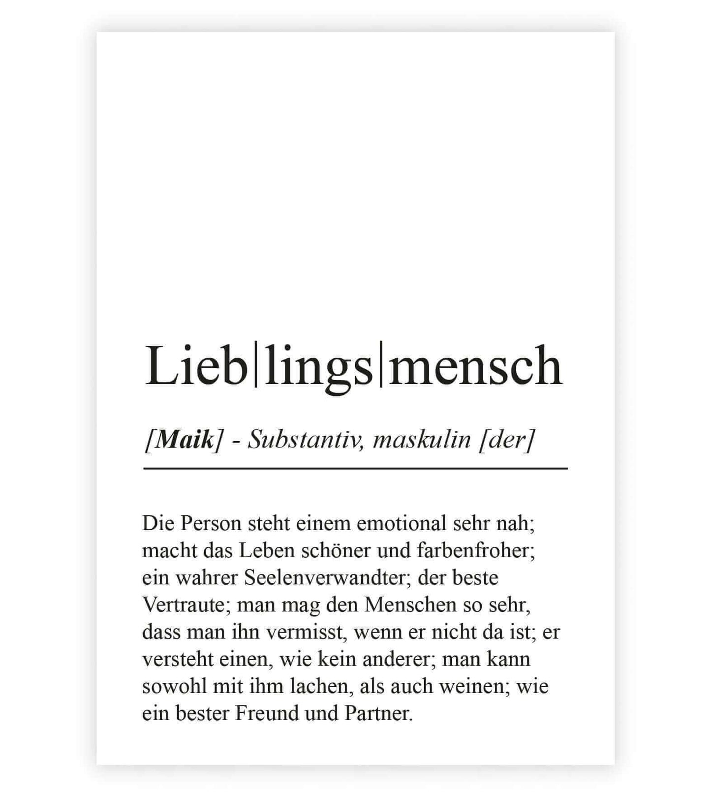 Personalisiertes Bild "Definition" - LIEBLINGSMENSCH, Bildgröße: 13x18cm, DIN A4, DIN A3, Bilderrahmen: Ohne Bilderrahmen, Bilderrahmen weiß, Bilderrahmen schwarz, Bilderrahmen weiß mit Passepartout, Bilderrahmen schwarz mit Passepartout, Copyright: 321ge