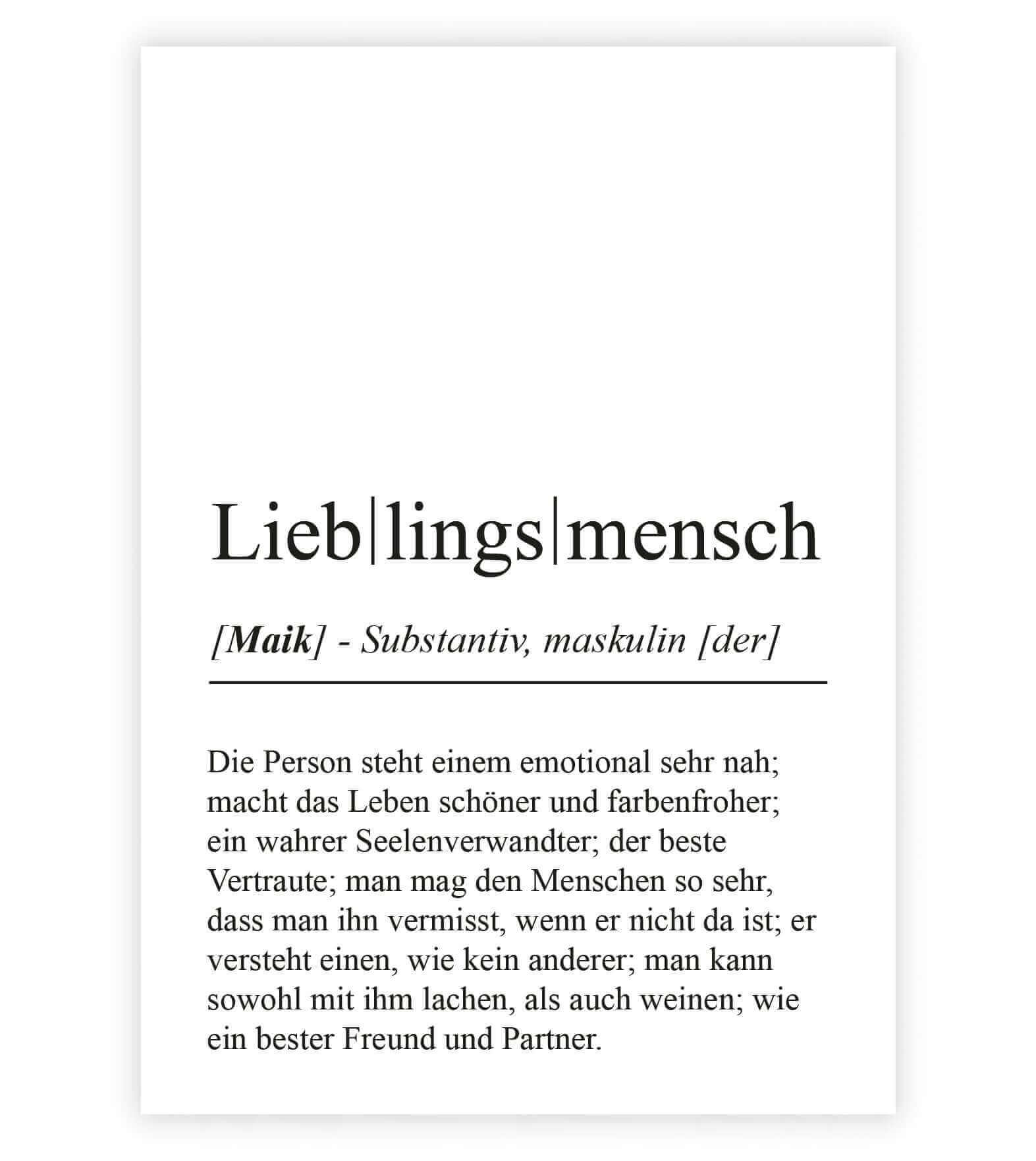 Personalisiertes Bild "Definition" - LIEBLINGSMENSCH, Bildgröße: 13x18cm, DIN A4, DIN A3, Bilderrahmen: Ohne Bilderrahmen, Bilderrahmen weiß, Bilderrahmen schwarz, Bilderrahmen weiß mit Passepartout, Bilderrahmen schwarz mit Passepartout, Copyright: 321ge