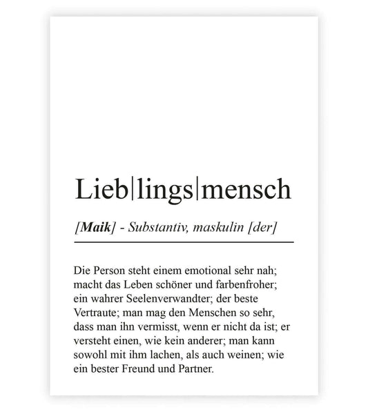 Personalisiertes Bild "Definition" - LIEBLINGSMENSCH, Bildgröße: 13x18cm, DIN A4, DIN A3, Bilderrahmen: Ohne Bilderrahmen, Bilderrahmen weiß, Bilderrahmen schwarz, Bilderrahmen weiß mit Passepartout, Bilderrahmen schwarz mit Passepartout, Copyright: 321ge