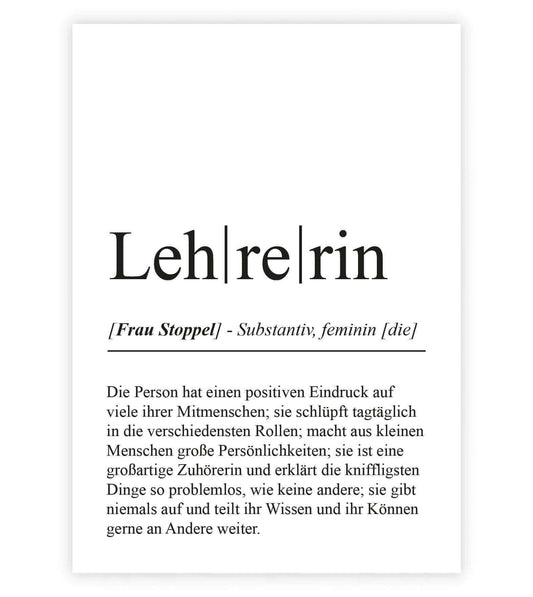 Personalisiertes Bild "Definition" - LEHRERIN, Bildgröße: 13x18cm, DIN A4, DIN A3, Bilderrahmen: Ohne Bilderrahmen, Bilderrahmen weiß, Bilderrahmen schwarz, Bilderrahmen weiß mit Passepartout, Bilderrahmen schwarz mit Passepartout, Copyright: 321geschenke