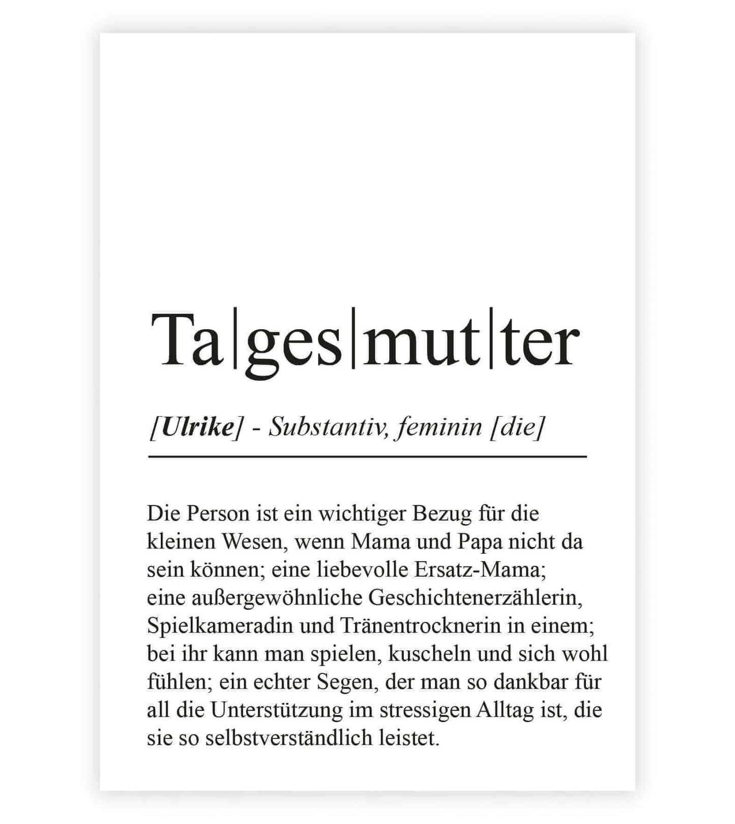 Personalisiertes Bild "Definition" - TAGESMUTTER, Bildgröße: 13x18cm, DIN A4, DIN A3, Bilderrahmen: Ohne Bilderrahmen, Bilderrahmen weiß, Bilderrahmen schwarz, Bilderrahmen weiß mit Passepartout, Bilderrahmen schwarz mit Passepartout, Copyright: 321gesche