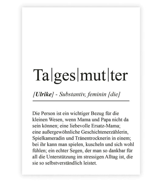 Personalisiertes Bild "Definition" - TAGESMUTTER, Bildgröße: 13x18cm, DIN A4, DIN A3, Bilderrahmen: Ohne Bilderrahmen, Bilderrahmen weiß, Bilderrahmen schwarz, Bilderrahmen weiß mit Passepartout, Bilderrahmen schwarz mit Passepartout, Copyright: 321gesche