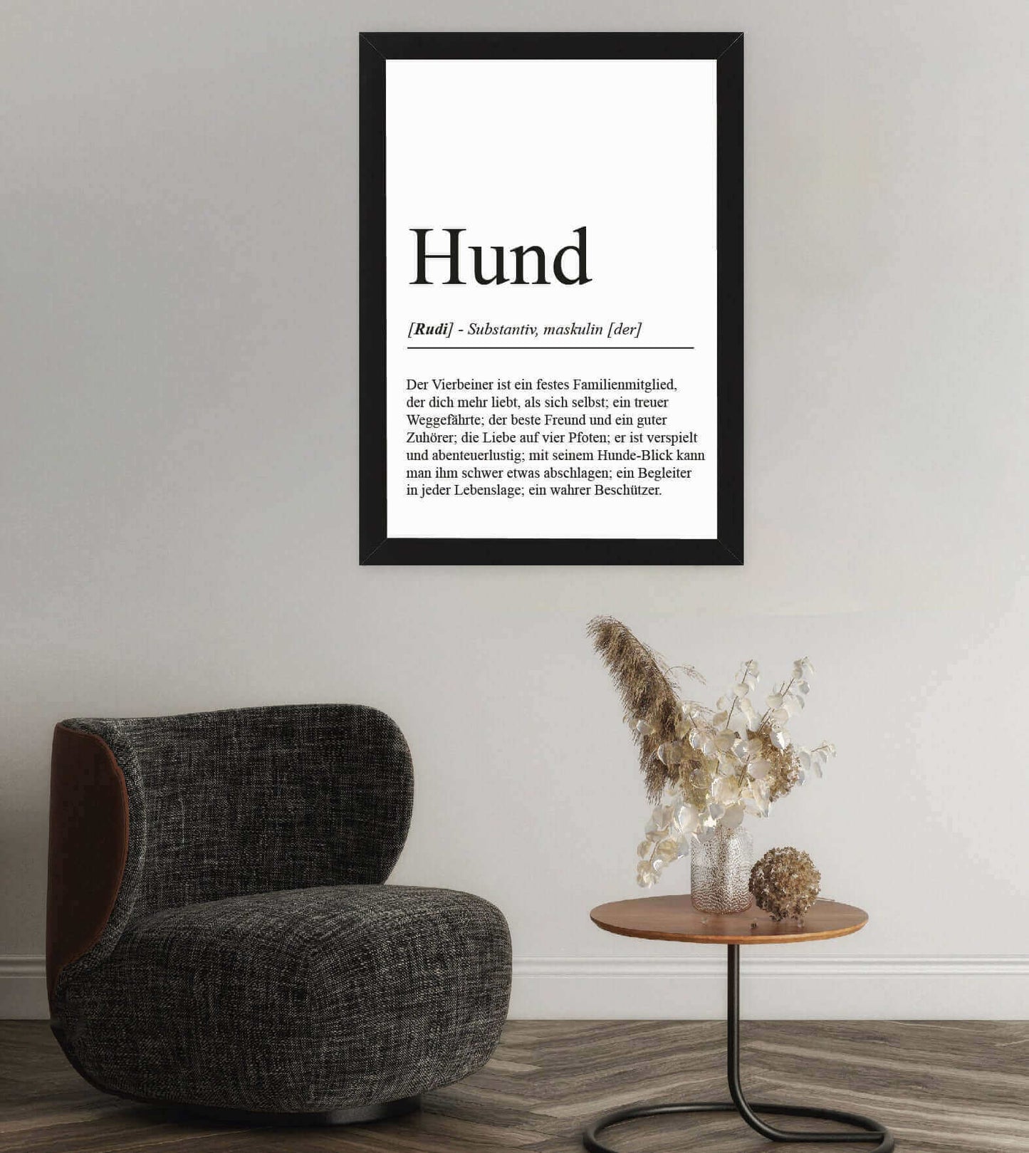 Anwendungsbild_Personalisiertes Bild "Definition" - HUND, Bildgröße: 13x18cm, DIN A4, DIN A3, Bilderrahmen: Ohne Bilderrahmen, Bilderrahmen weiß, Bilderrahmen schwarz, Bilderrahmen weiß mit Passepartout, Bilderrahmen schwarz mit Passepartout, Copyright: 3