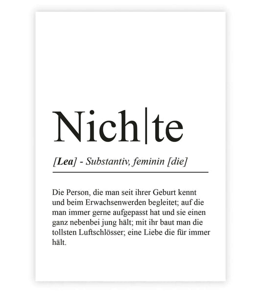 Personalisiertes Bild "Definition" - NICHTE, Bildgröße: 13x18cm, DIN A4, DIN A3, Bilderrahmen: Ohne Bilderrahmen, Bilderrahmen weiß, Bilderrahmen schwarz, Bilderrahmen weiß mit Passepartout, Bilderrahmen schwarz mit Passepartout, Copyright: 321geschenke.d