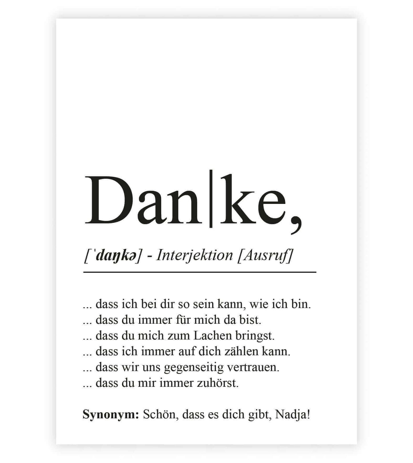 Personalisiertes Bild "Definition" - DANKE, Bildgröße: 13x18cm, DIN A4, DIN A3, Bilderrahmen: Ohne Bilderrahmen, Bilderrahmen weiß, Bilderrahmen schwarz, Bilderrahmen weiß mit Passepartout, Bilderrahmen schwarz mit Passepartout, Copyright: 321geschenke.de