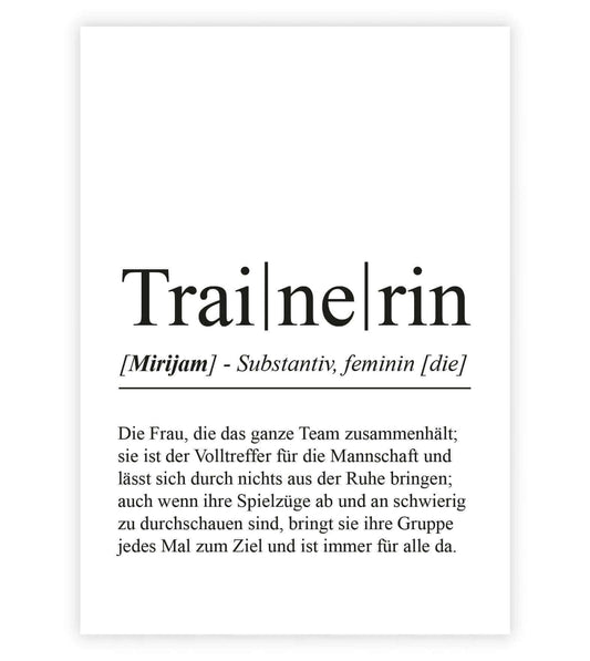 Personalisiertes Bild "Definition" - TRAINERIN, Bildgröße: 13x18cm, DIN A4, DIN A3, Bilderrahmen: Ohne Bilderrahmen, Bilderrahmen weiß, Bilderrahmen schwarz, Bilderrahmen weiß mit Passepartout, Bilderrahmen schwarz mit Passepartout, Copyright: 321geschenk